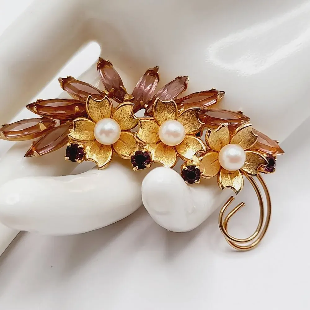 Vintage Floral Brooch, Faux Pearl Flowers, Open Back Rhinestones, 2 1/2